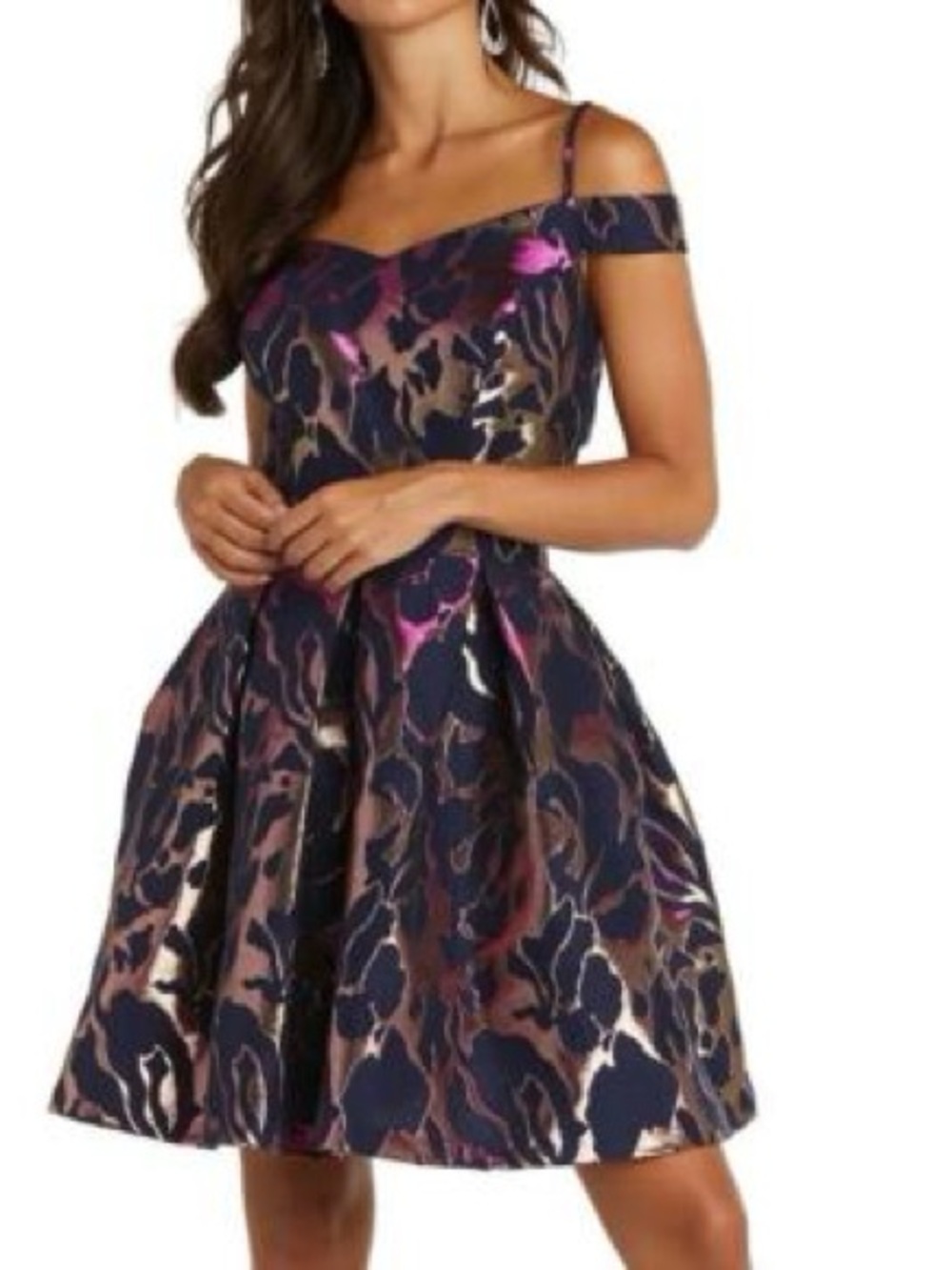 Morgan & Co. Navy and Pink One-Shoulder Jacquard Party Dress